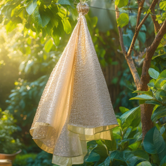A close-up of a sparkling clean dance costume, with a subtle sparkle effect, hangs on a clothesline surrounded by lush greenery, with a few fresh lemons and a small bowl of white vinegar nearby.