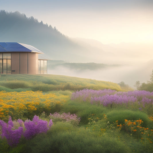 A serene, misty morning scene: a blooming flower-filled garden surrounds a modern, eco-friendly building with large windows, solar panels, and a lush green roof, amidst a backdrop of mountains.