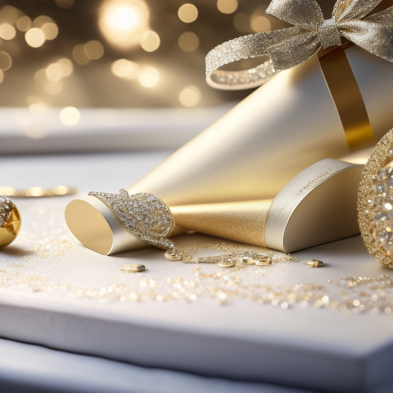 A shimmering gold confetti background with a elegant, swirling silver ribbon wrapped around a chic, gold-foiled certificate, adorned with a delicate, sparkling diamond brooch.