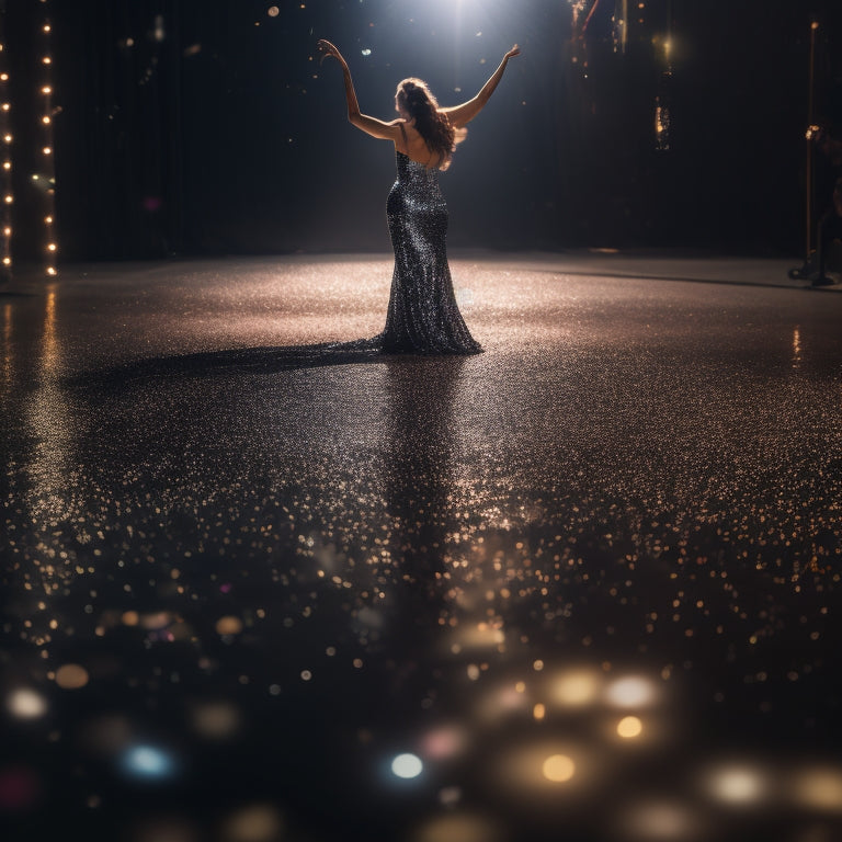 A spotlight shines on a lone dancer in a dimly lit studio, surrounded by mirrors, with a tablet or smartphone capturing their movements, with confetti and glitter scattered around the floor.