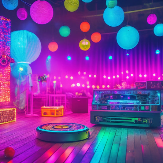 A vibrant, neon-lit dance floor at dusk, surrounded by retro cassette tapes, vinyl records, and polaroid cameras, with confetti and balloons in pastel hues, amidst a backdrop of disco balls and flashing lights.