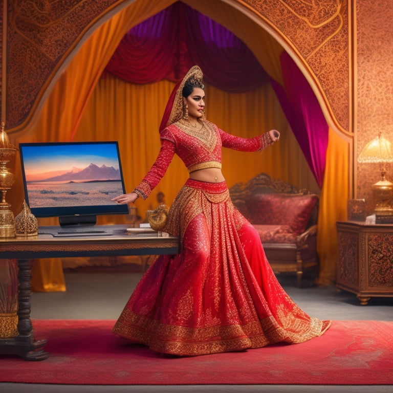 A whimsical, golden-lit illustration of a woman in a flowing, crimson skirt, surrounded by laptops and tablets, dancing in front of a virtual instructor on the screens, with intricate Arabic patterns in the background.