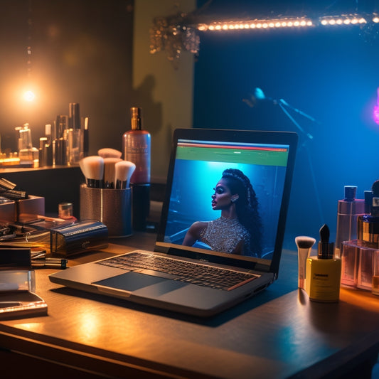 A spotlight shines on a dancer in front of a vanity, surrounded by makeup brushes and products, with a laptop open to a virtual dance makeup class on the screen.