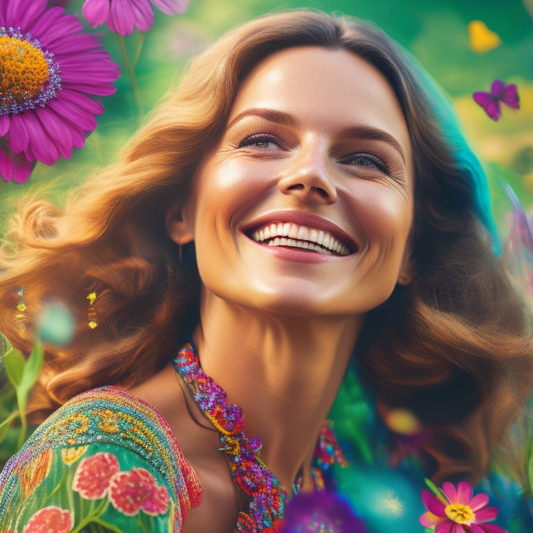 A vibrant illustration of a smiling woman in her 30s, surrounded by swirling patterns of bright colors, dancing freely in a lush green meadow, with flowers and butterflies around her.