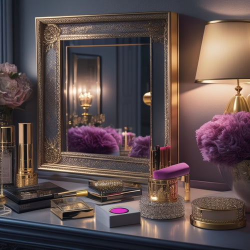 A glamorous, spotlight-lit vanity with a stunning array of colorful makeup products, brushes, and a golden trophy, surrounded by glossy fashion magazines and a few framed, glamorous celebrity portraits.