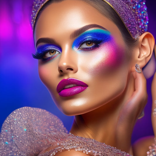 A glamorous, spotlit dancer in mid-pose, with bold, shimmering eye shadow, false lashes, and glossy lips, surrounded by makeup brushes, palettes, and mirrors, with a subtle glittery background.