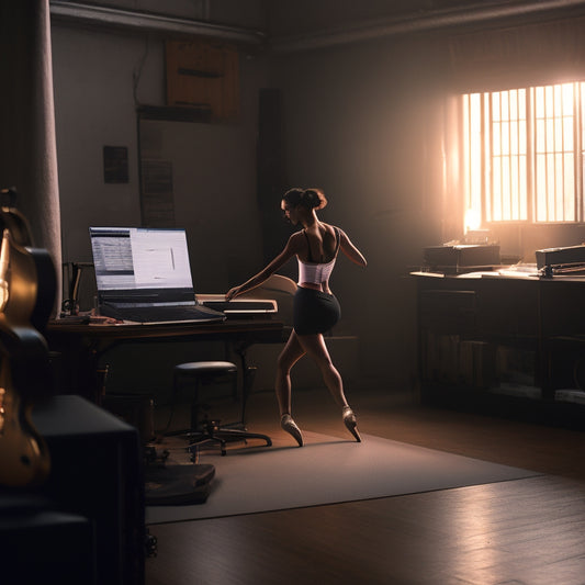 A dimly lit dance studio with a lone dancer in mid-pose, surrounded by scattered music sheets, headphones, and a laptop with a music library open on the screen.