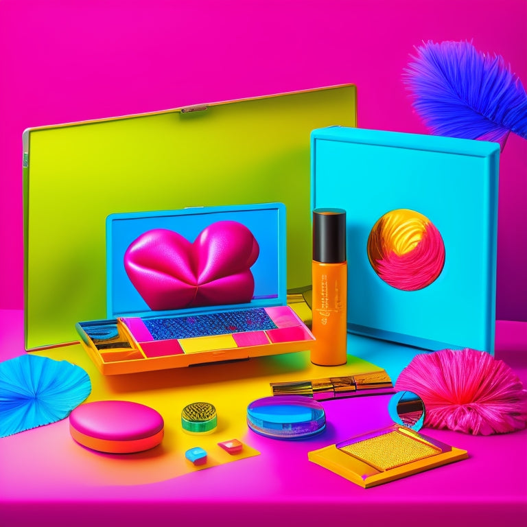 A vibrant, colorful illustration featuring a laptop with a split-screen display: a dancing figure on one side and a makeup palette on the other, surrounded by dance-inspired beauty products and accessories.