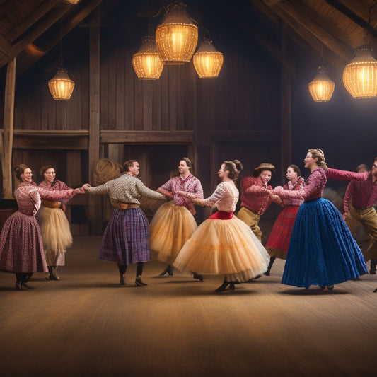 A colorful illustration of a lively square dance scene: eight dancers arranged in two lines of four, surrounded by a rustic barn, lanterns, and hay bales, with feet tapping and skirts swirling.