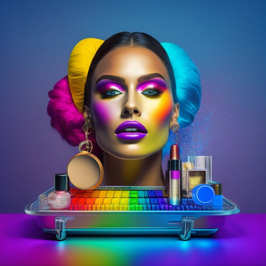 A colorful, minimalist illustration featuring a dancer's face with a vibrant, glittering makeup look, surrounded by online shopping icons, such as a miniature shopping cart and a laptop.