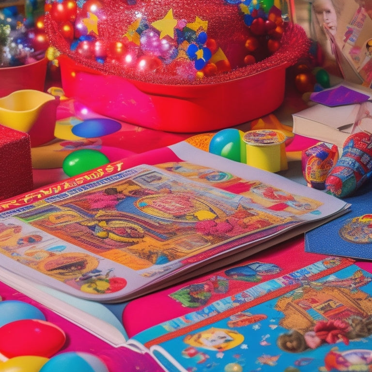 A colorful, oversized sticker book lies open on a bright red circus-themed tablecloth, surrounded by scattered clown stickers with varying facial expressions and accessories.