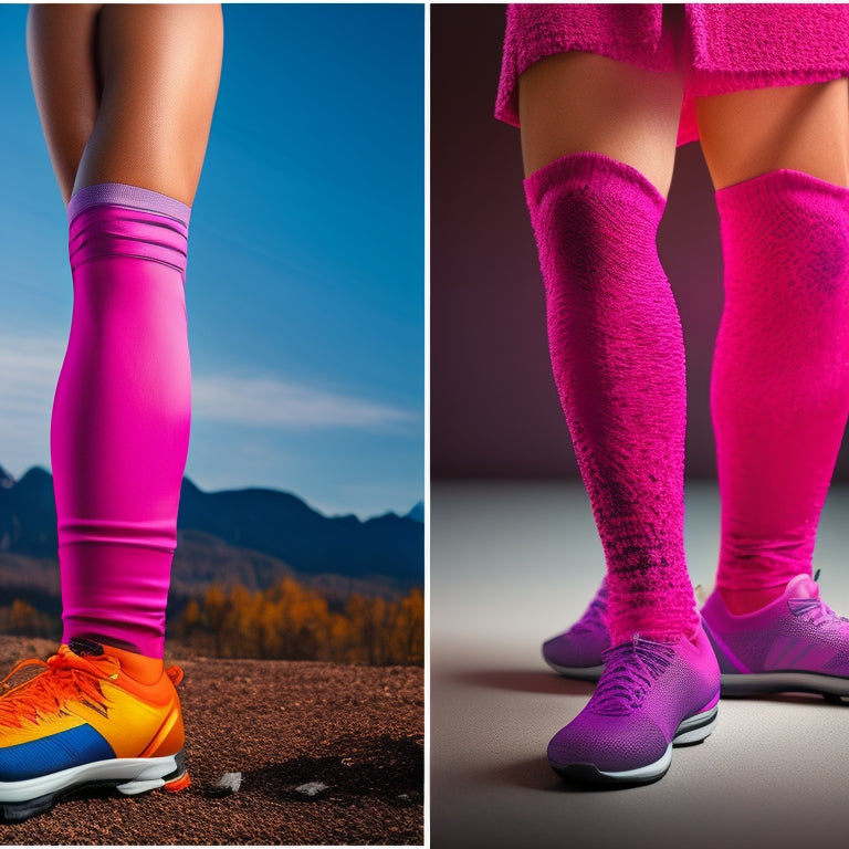 A split-screen illustration: on the left, a cyclist's cold, pale legs with goosebumps; on the right, the same legs warm, rosy, and muscular, with a subtle glow, wearing bright-colored leg warmers.