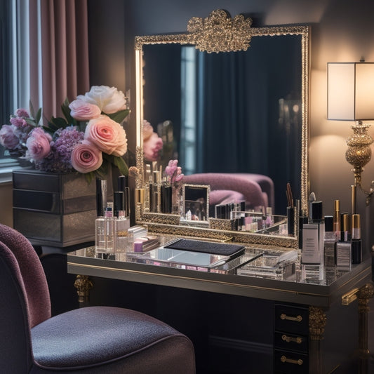 A glamorous, spotlit vanity with a clutter-free, organized makeup station: brushes, palettes, and products surround a central mirror reflecting a stunning, made-up dancer's face, with a smartphone and laptop nearby.