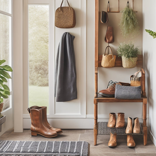A cozy entryway featuring a stylish shoe rack filled with neatly organized shoes, a decorative bench, a vibrant indoor plant, and a rustic coat hook, all harmoniously arranged in warm, inviting tones.