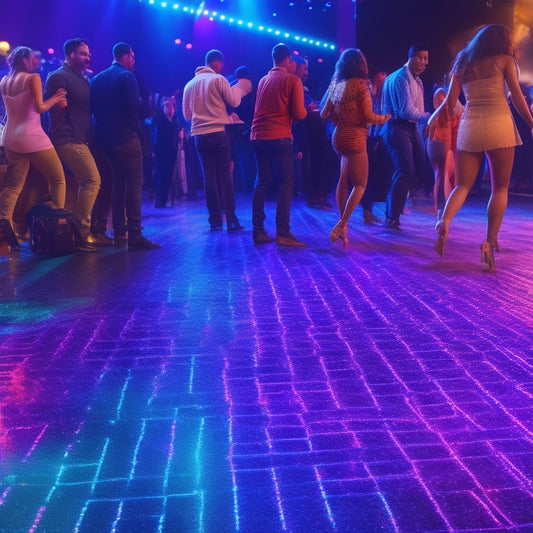 A vibrant illustration of a dance floor at night, with colorful lights reflecting off the polished floor, surrounded by happy dancers, and a subtle laptop or tablet in the corner, with a ticketing website open.