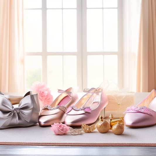 A delicate arrangement of elegant ballerina shoes, showcasing various styles and colors, set against a soft, velvety backdrop. Include intricate details like satin ribbons, mesh materials, and subtle glimmers of light reflecting off the shoes.