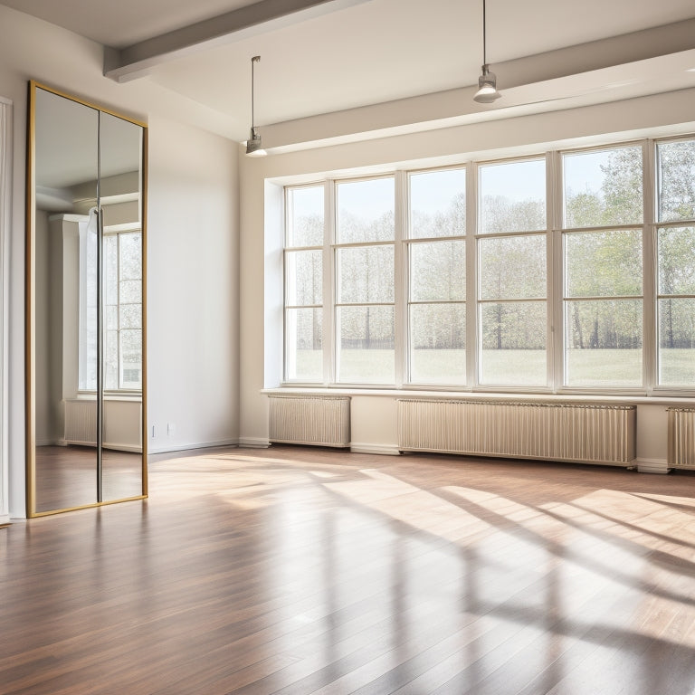 A serene dance studio with a wooden floor, showcasing a neatly installed collapsible ballet bar against a mirrored wall, tools and instructions gently laid out beside it, soft natural light streaming through large windows.