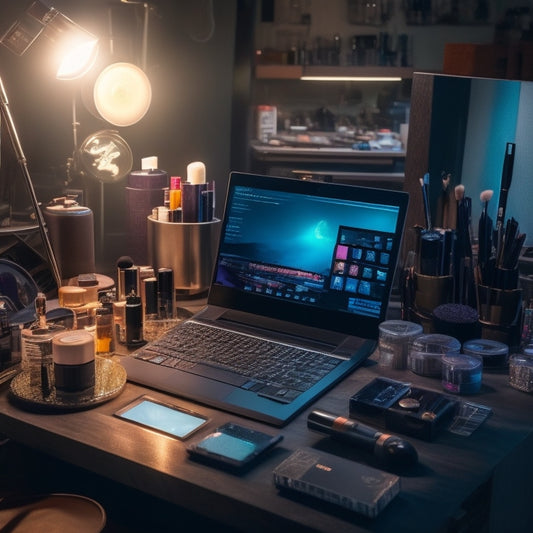 A cluttered, dimly lit makeup station with various digital devices, including a laptop, tablet, and smartphone, surrounded by makeup brushes, palettes, and mirrors, with a subtle sparkle effect.