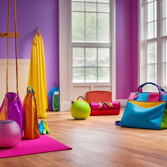 A vibrant, colorful dance studio scene featuring an array of stylish tote bags in various sizes and designs, filled with dance shoes, water bottles, and accessories, against a backdrop of mirrors and wooden floors.