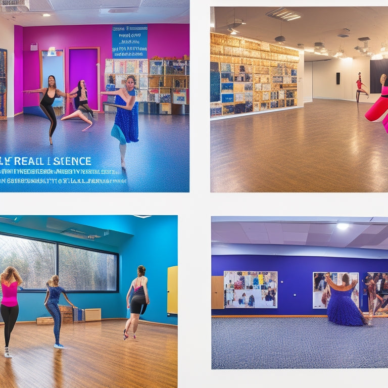 A vibrant, modern dance studio with diverse students of varying abilities, ages, and body types, surrounded by mirrors, barres, and colorful inspirational quotes on the walls.