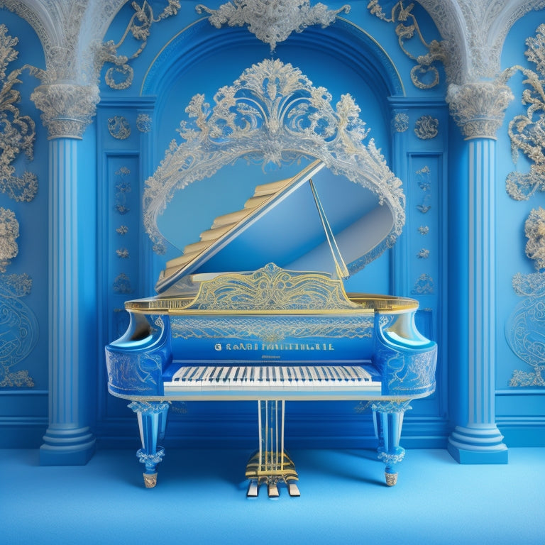 A whimsical illustration featuring a grand piano with dancing notes and swirling patterns, surrounded by art nouveau-inspired filigree and ornate details, set against a soft, gradient blue background.