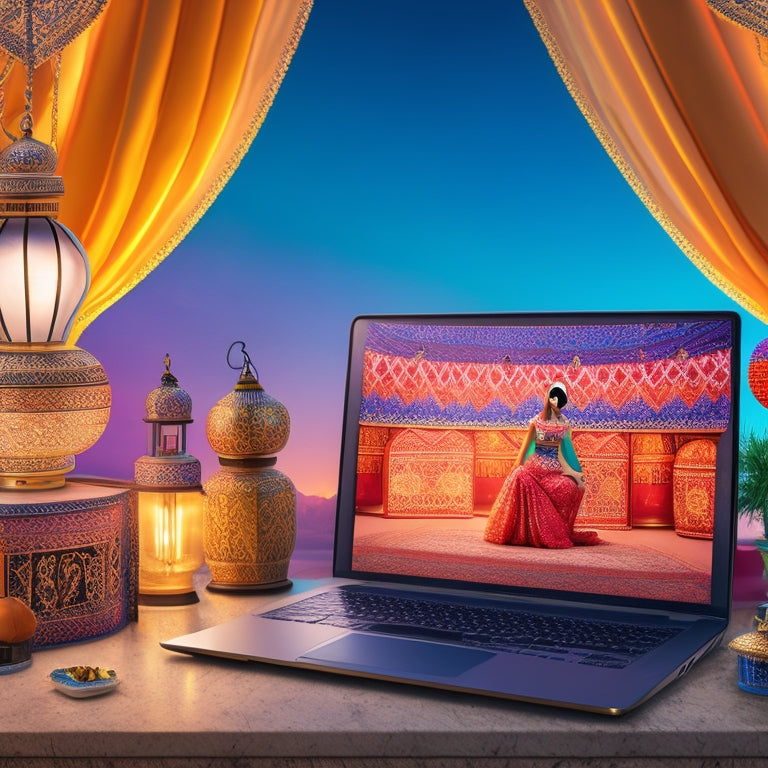 A whimsical illustration featuring a laptop with a belly dancer silhouette on the screen, surrounded by Middle Eastern-inspired patterns, lanterns, and a few strategically placed veils.