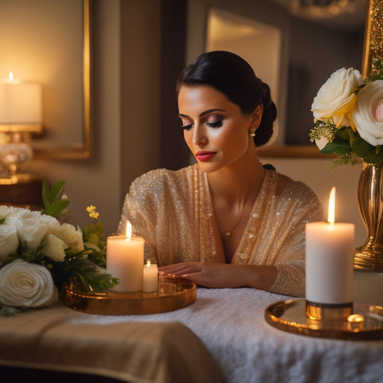 A serene bride sits in front of a vanity, surrounded by candles, flowers, and beauty products, with a soft, golden glow illuminating her peaceful, pampered reflection.