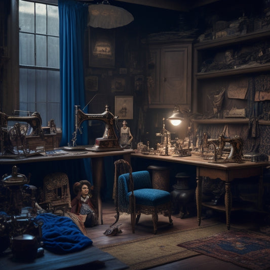 A whimsical, dimly-lit atelier filled with vintage sewing machines, scattered fabrics, and half-finished costumes, surrounded by inspirational artifacts like antique dolls, clockwork mechanisms, and celestial maps.