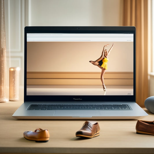 A serene, minimalist illustration featuring a laptop with a calm, blurred-out dance studio background, with a few scattered dance shoes and a single, simplified registration form on the screen.