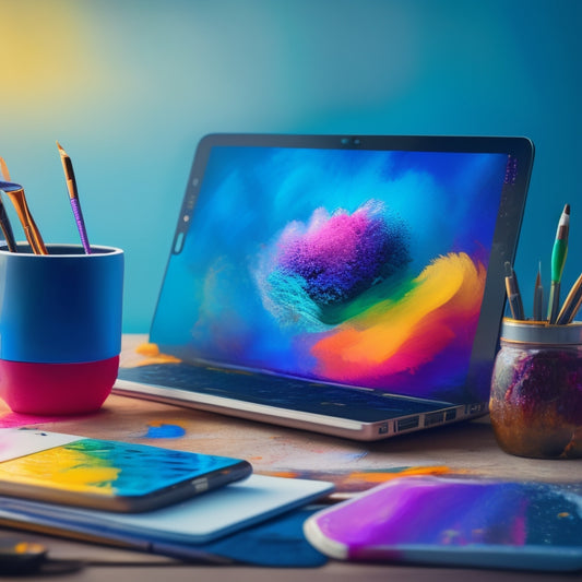 A vibrant illustration featuring a painter's palette with a smartphone and laptop on it, surrounded by colorful brushstrokes and abstract shapes, blending traditional art with digital elements.