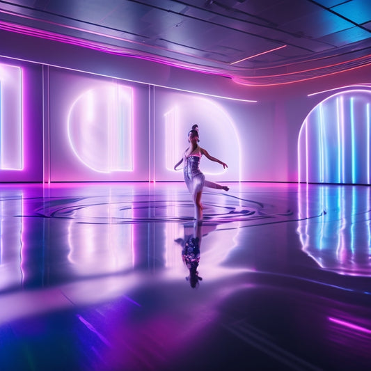 A whimsical, futuristic dance studio with holographic mirrors, neon-lit floors, and sleek, minimalist decor, featuring a lone dancer in mid-pose, surrounded by swirling, shimmering lights and digital dance trails.