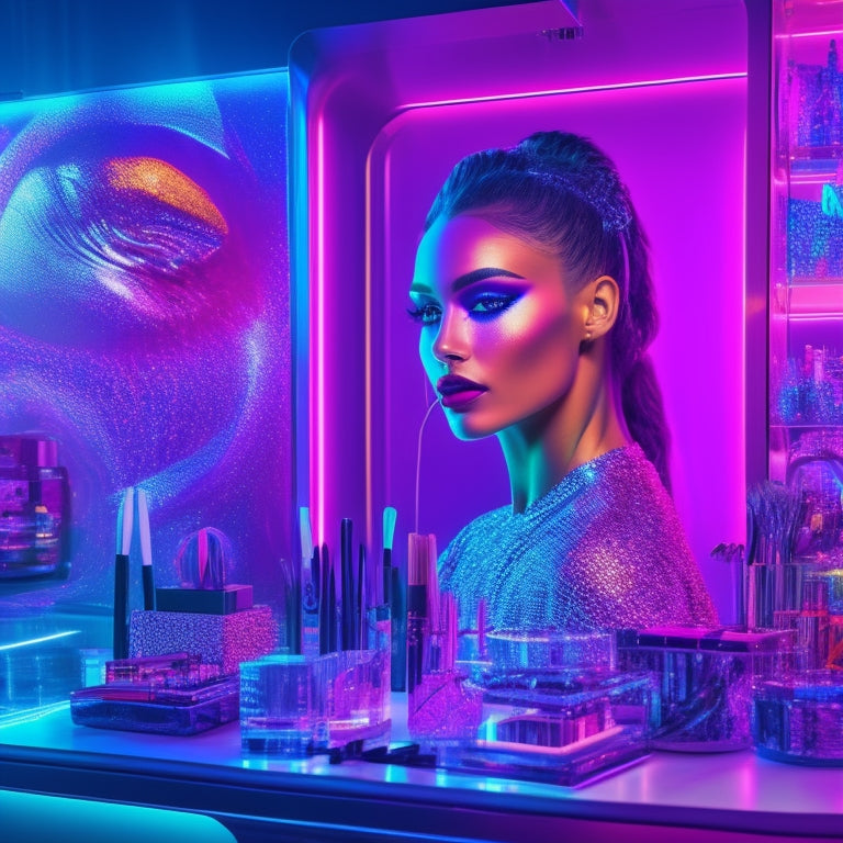 A futuristic, neon-lit makeup station with a digital display showcasing a dancer's face, surrounded by holographic makeup palettes, wands, and brushes, with colorful, swirling patterns in the background.