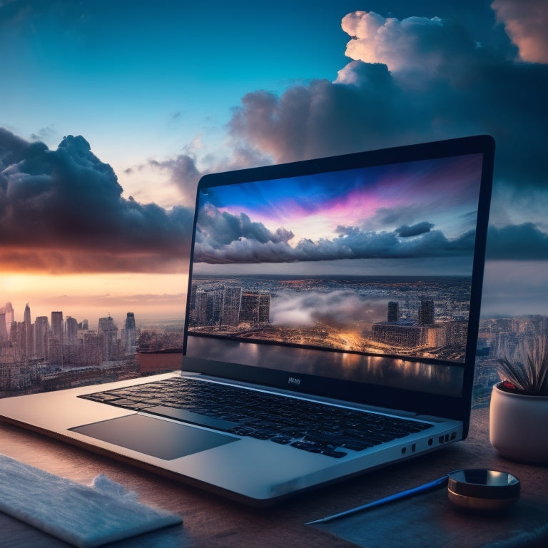 A stylized illustration of a painter's palette morphing into a laptop, surrounded by swirling clouds of ones and zeros, with a subtle cityscape at dusk in the background.