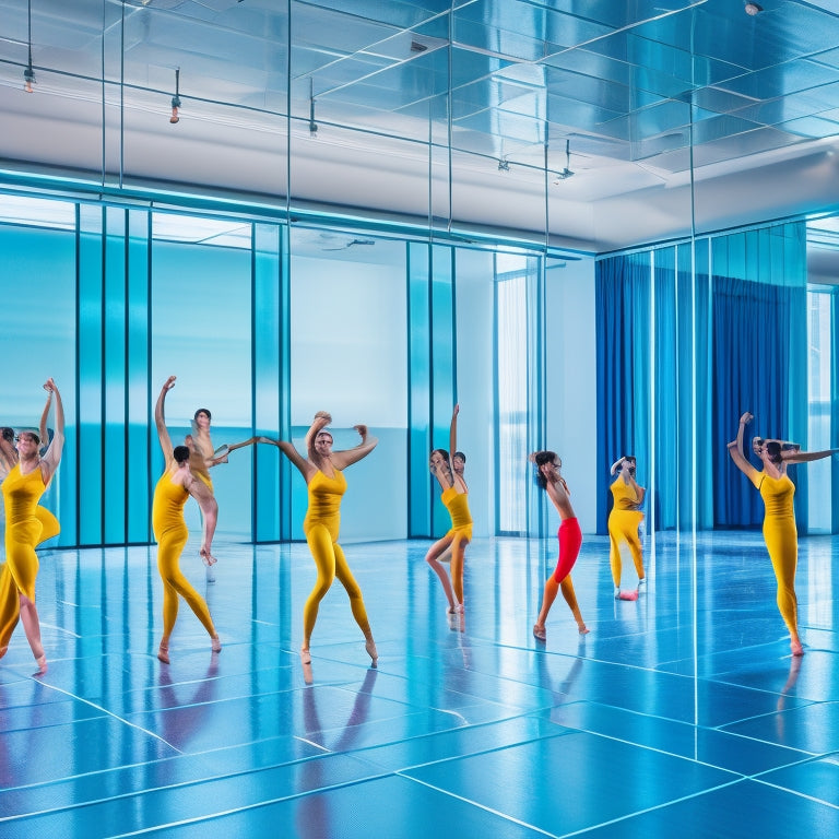 A bright, modern dance studio with mirrored walls, filled with dancers in various poses, surrounded by antimicrobial PVC flooring with a subtle sheen, and a few dance bars and exercise balls in the background.