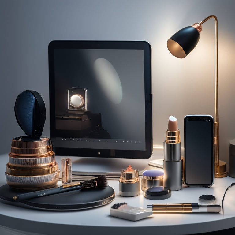 A sleek, modern makeup station with a ring light, mirrored backdrop, and a smartphone on a tripod, surrounded by scattered makeup brushes, lipsticks, and a laptop with a social media dashboard open.