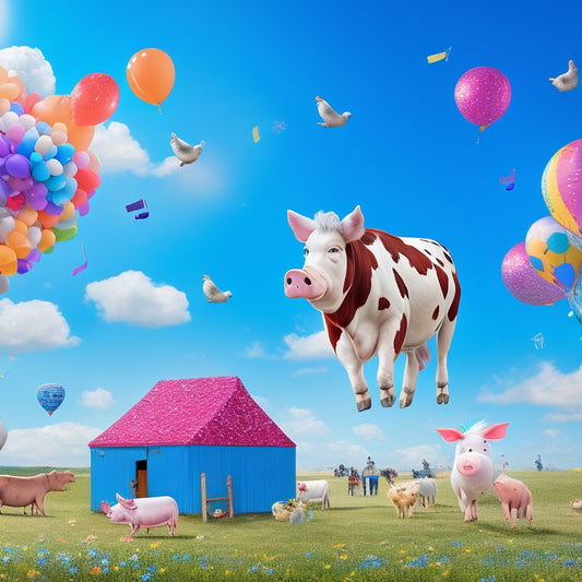 A colorful illustration of a lively barnyard scene, featuring a dancing cow, pig, and chicken, surrounded by confetti, balloons, and musical notes, set against a bright blue sky with fluffy white clouds.