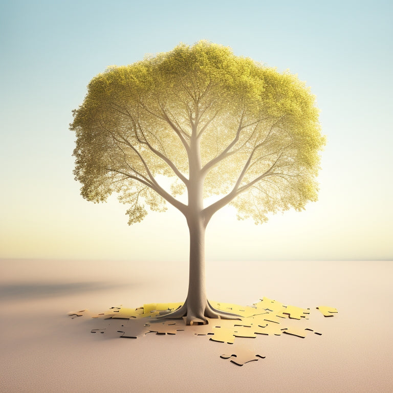 A minimalist illustration featuring a sturdy tree with roots growing out of a puzzle piece, surrounded by scattered puzzle pieces, set against a warm, sunny background with subtle gradient effects.