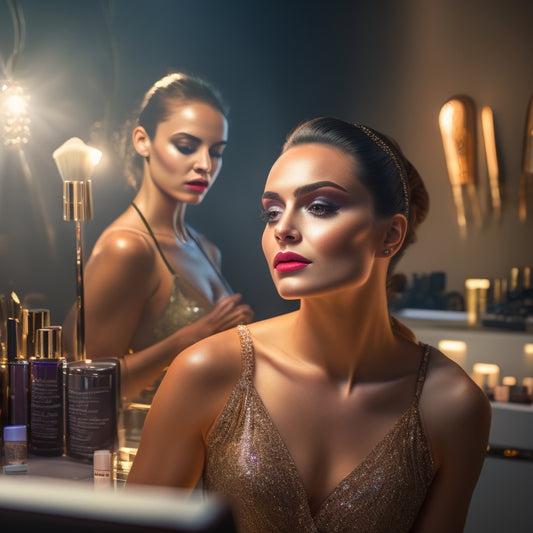 A spotlight shines on a dancer's face, surrounded by makeup brushes and products, with a mirror reflecting a flawless, glamorous look, amidst a blurred background of dance studio equipment and floors.