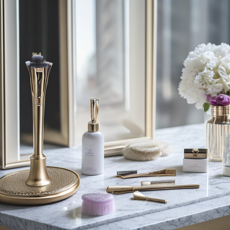 A stylish vanity display featuring elegant hairpins, chic barrettes, silk scrunchies, a sleek hairbrush, and a delicate hair comb, all arranged on a marble countertop with soft natural light illuminating the scene.
