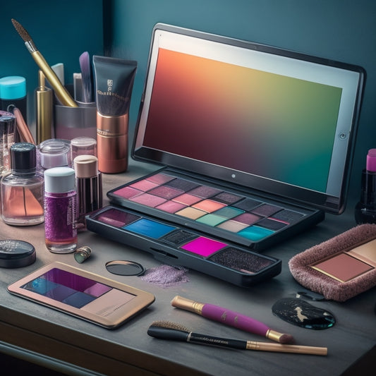 A messy, cluttered makeup station with scattered product packaging, brushes, and color swatches, contrasted with a sleek, organized digital tablet displaying a virtual beauty binder with categorized folders and clean design.