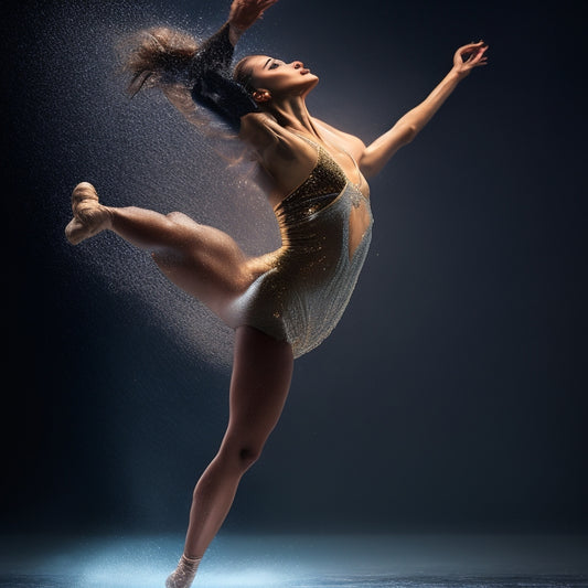 A dynamic illustration of a dancer in mid-pirouette, sweat droplets glistening on their forehead, chest heaving, with a subtle blur effect conveying motion and energy, set against a dark gradient background.