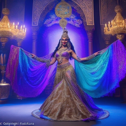 A vibrant belly dance costume display featuring an array of flowing silk veils, shimmering sequined skirts, ornate brass accessories, and intricate beadwork, all illuminated by soft, colorful stage lighting, creating an enchanting atmosphere.