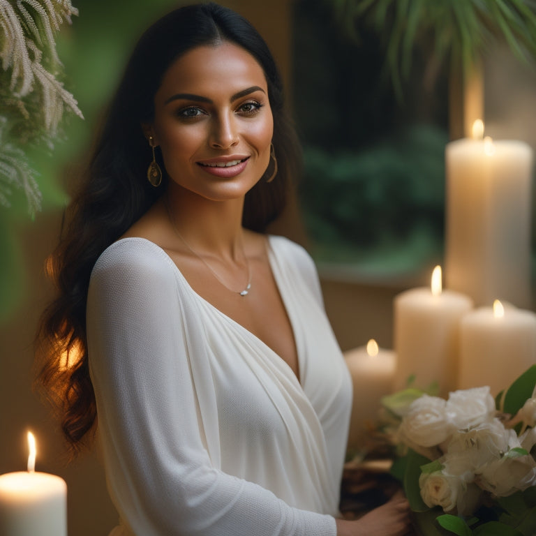 A serene, softly lit room with a calm, smiling woman in a flowing white outfit, gently swaying her hips and arms to an unheard rhythm, surrounded by candles and lush greenery.