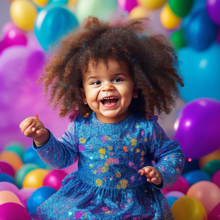 A whimsical illustration featuring a smiling, curly-haired toddler surrounded by colorful, swirling confetti and balloons, holding a sparkly, glittery printable in their tiny hands.