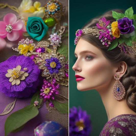 A vibrant display of elegant hair accessories: sparkling jeweled hairpins, colorful silk scarves, intricate woven headbands, and delicate floral clips, all arranged atop a soft, textured surface, radiating style and sophistication.