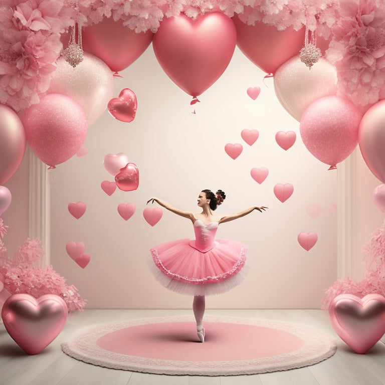 A whimsical illustration of a ballerina surrounded by heart-shaped balloons, pink and red flowers, and delicate lace, set against a soft, pastel pink background, with subtle glitter accents.