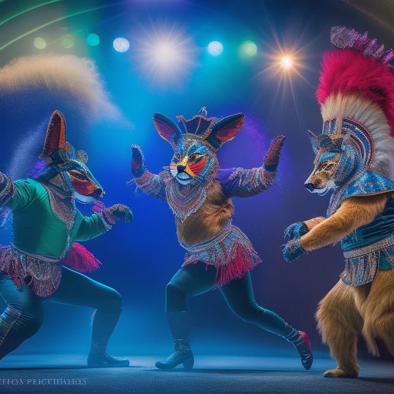 A vibrant, abstract composition featuring swirling dance movements, theatrical masks, and colorful spotlights, set against a dark background with subtle Northern Michigan University (NMU) Wildcat logos and accents.