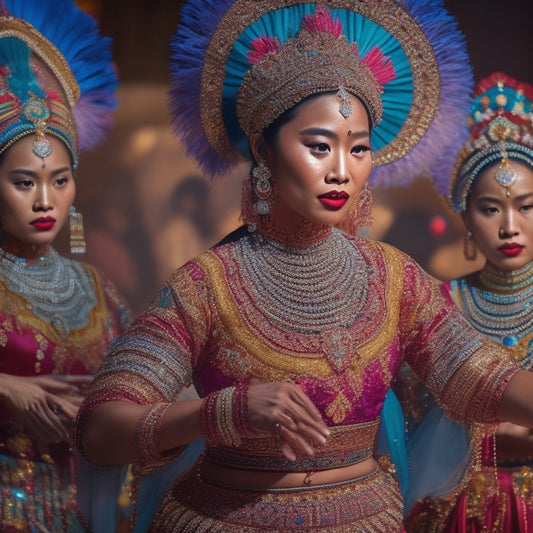 Vibrant colors and intricate patterns adorn the stage as dancers in traditional Filipino attire, adorned with beaded jewelry, pose in dynamic formations, surrounded by swirling fabrics and delicate lanterns.