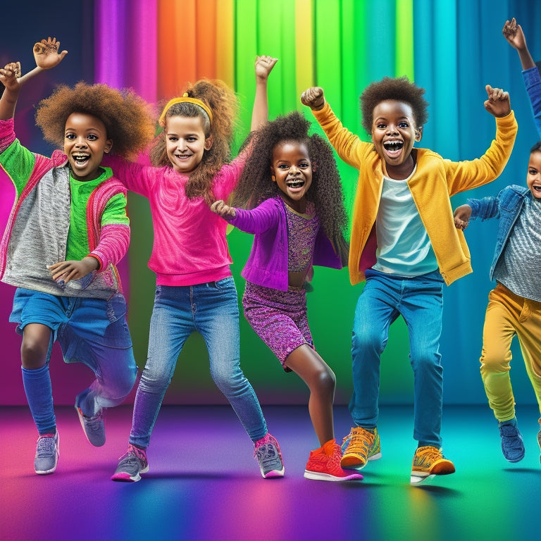 A bright, colorful illustration of a diverse group of happy kids, aged 6-12, dancing together in a virtual studio, surrounded by laptops and tablets, with fun, swirling dance moves and energetic expressions.