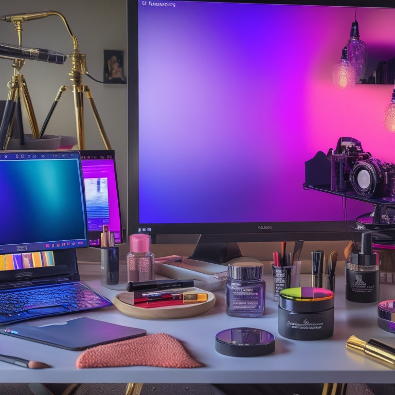 A split-screen image featuring a makeup artist's workstation on one side, with brushes, palettes, and mirrors, and a laptop with a virtual classroom on the screen on the other side, surrounded by colorful makeup products.